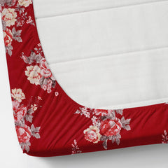Fabicra Red Floral Cotton Blend Elastic Fitted King Bedsheet with 2 Pillow Covers