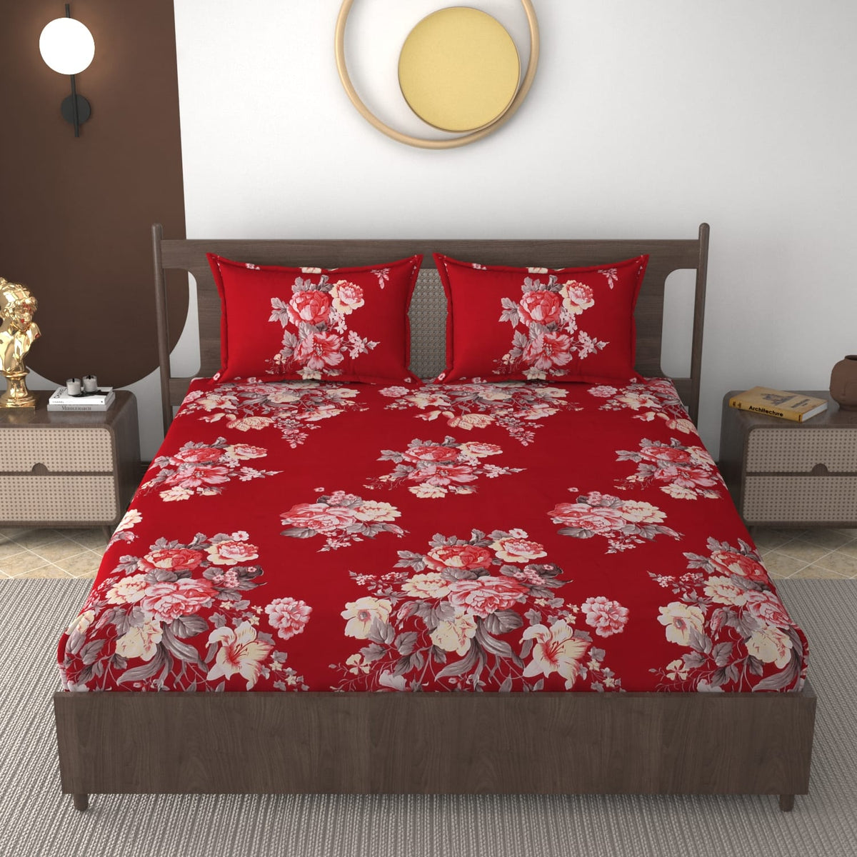 Fabicra Red Floral Cotton Blend Elastic Fitted King Bedsheet with 2 Pillow Covers