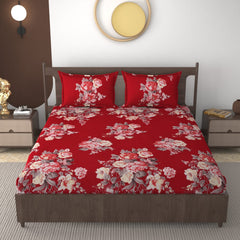 Fabicra Red Floral Cotton Blend Elastic Fitted King Bedsheet with 2 Pillow Covers