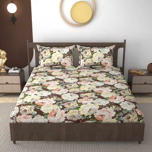 Fabicra Brown Floral Cotton Blend Elastic Fitted King Size Double Bed Bedsheet with 2 Pillow Covers