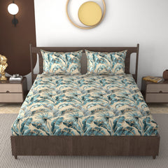 Fabicra Bliss Peacock Cotton Elastic Fitted King Size Bedsheet with 2 Pillow Covers