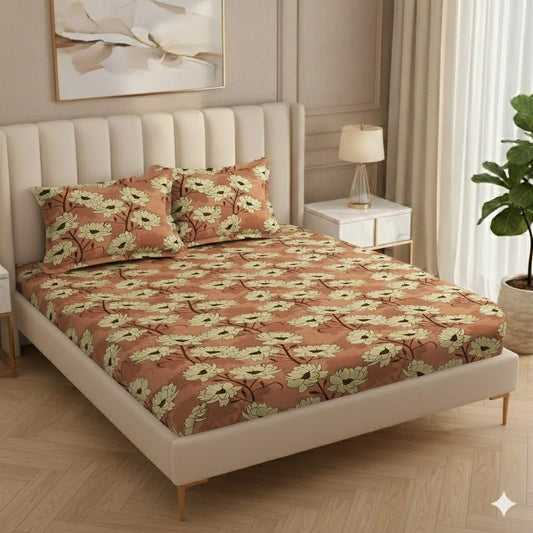 Fabicra Bliss Marigold Cotton Elastic Fitted King Size Bedsheet with 2 Pillow Covers (BOGO)