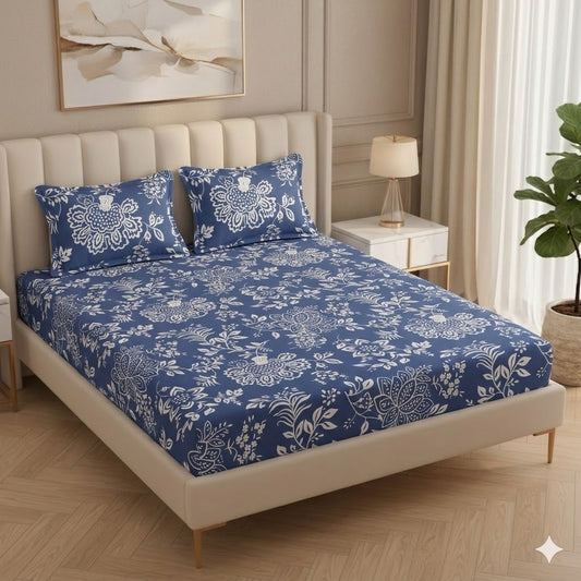 Fabicra Summer Cotton Elastic Fitted King Size Double Bed Bedsheet with 2 Pillow Covers (OFFER)