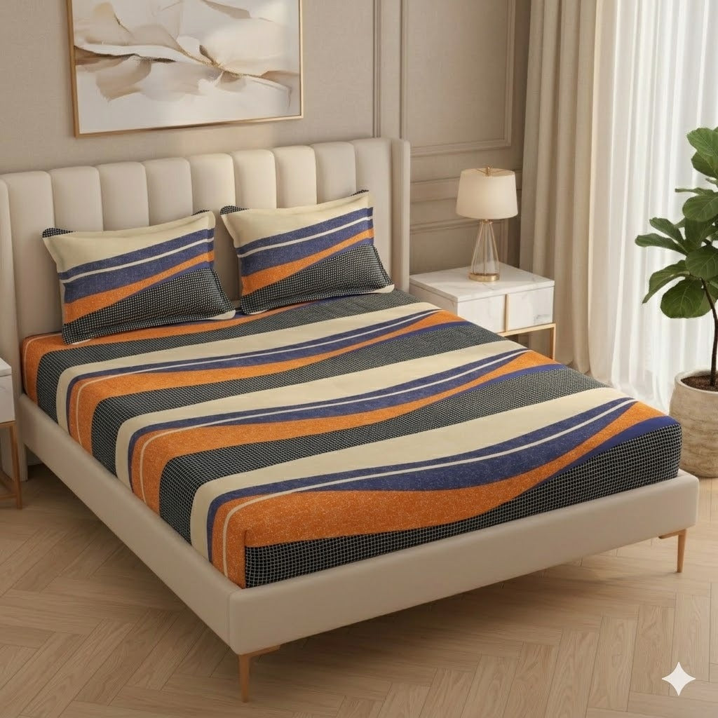 Fabicra Bliss Wave Cotton Elastic Fitted King Size Bedsheet with 2 Pillow Covers