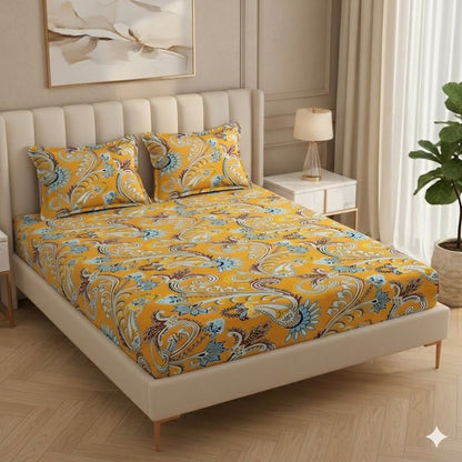 Fabicra Bliss Orange Cotton Elastic Fitted King Size Bedsheet with 2 Pillow Covers (BOGO)