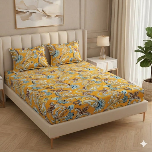 Fabicra Bliss Orange Cotton Elastic Fitted King Size Bedsheet with 2 Pillow Covers (BOGO)